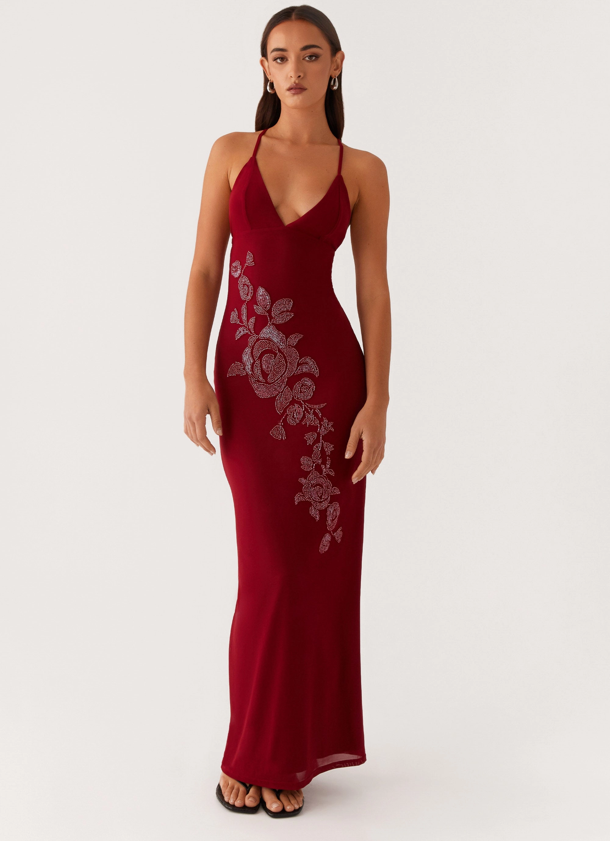 Fashionable Design Beki Beaded Mesh Maxi Dress - Deep Red