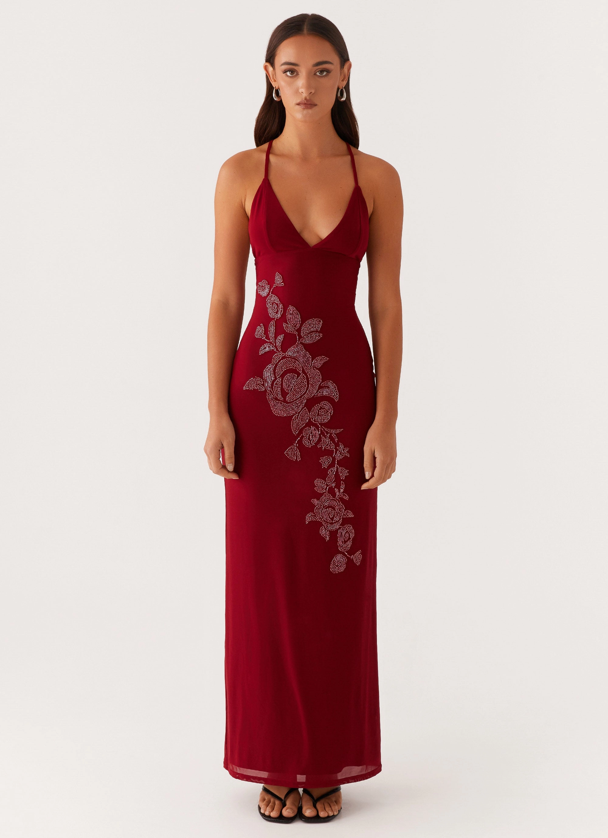 Beki Beaded Mesh Maxi Dress - Deep Red Structured-Shape
