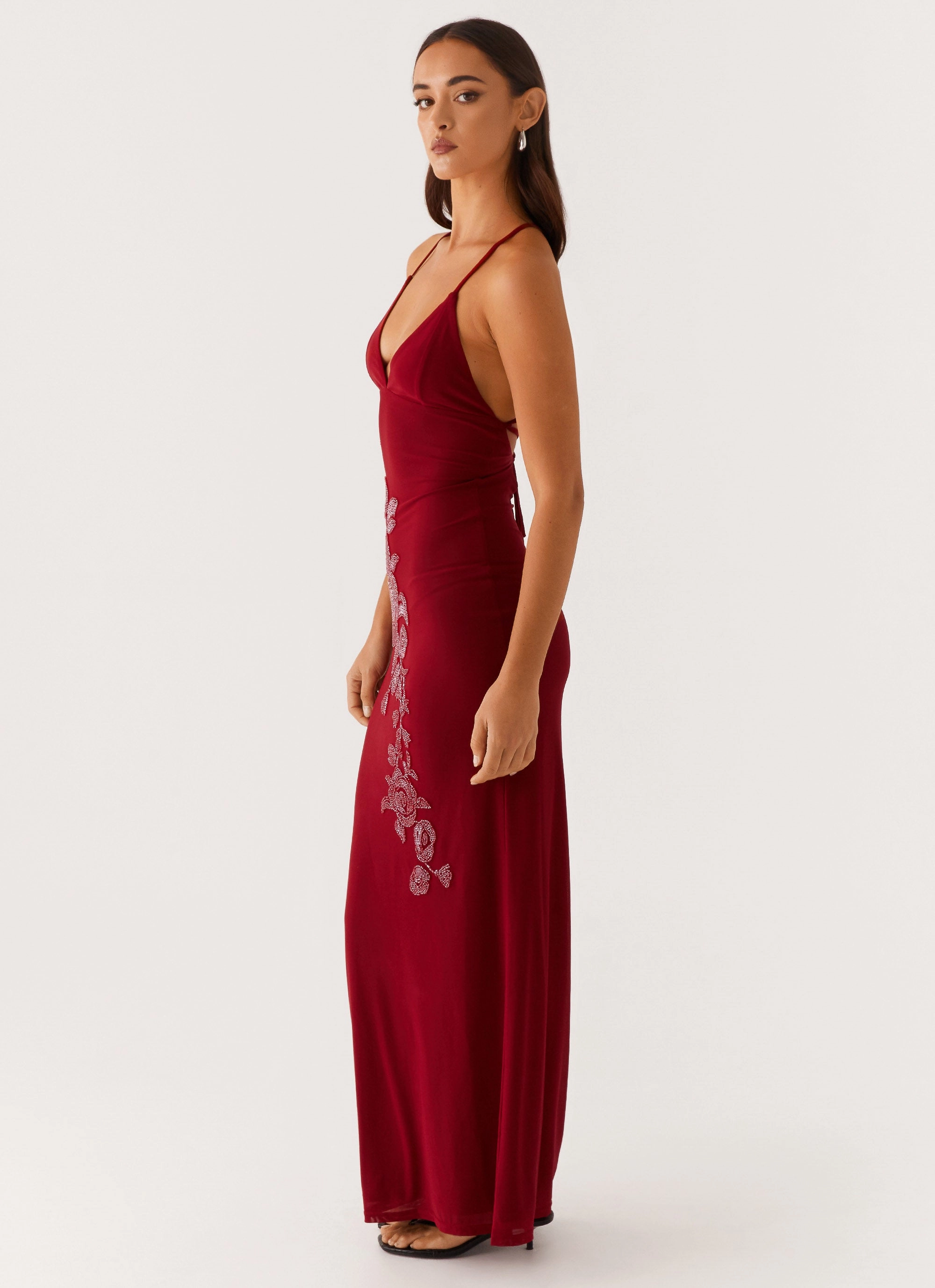 Beki Beaded Mesh Maxi Dress - Deep Red Elegant Waist Fit