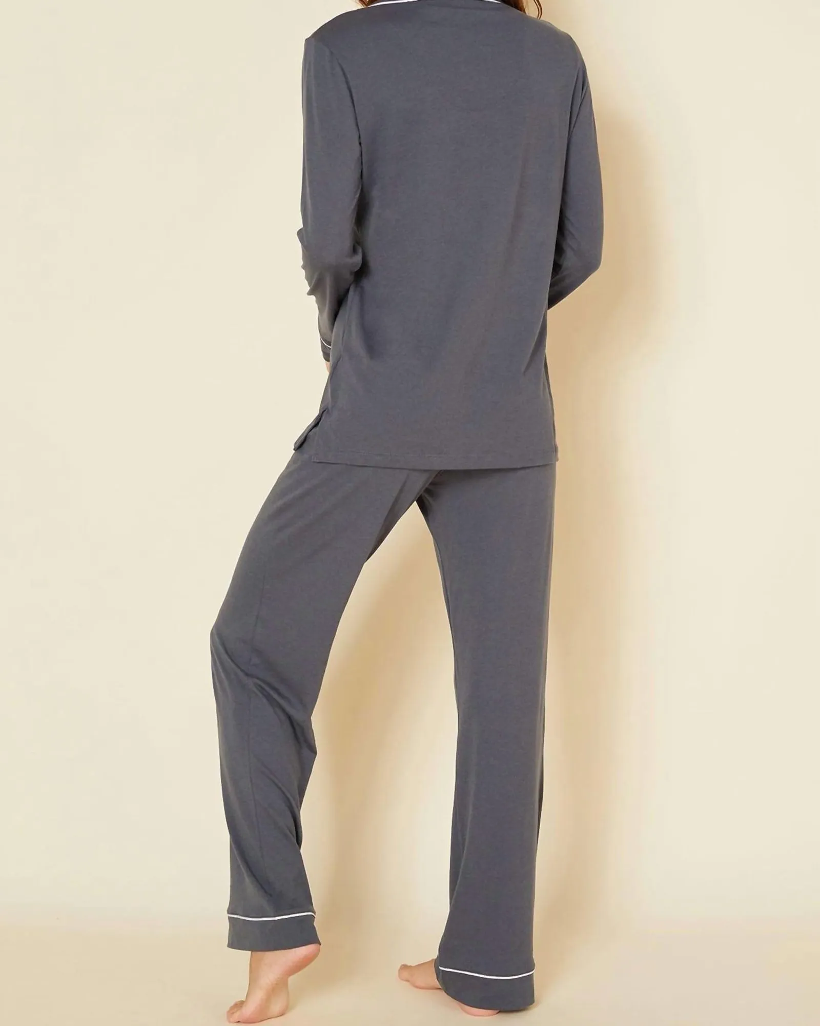 Bella Cotton Modal Long Pajama Set In Anthracite/Ivory | Anthracite/Ivory
