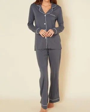 Bella Cotton Modal Long Pajama Set In Anthracite/Ivory | Anthracite/Ivory