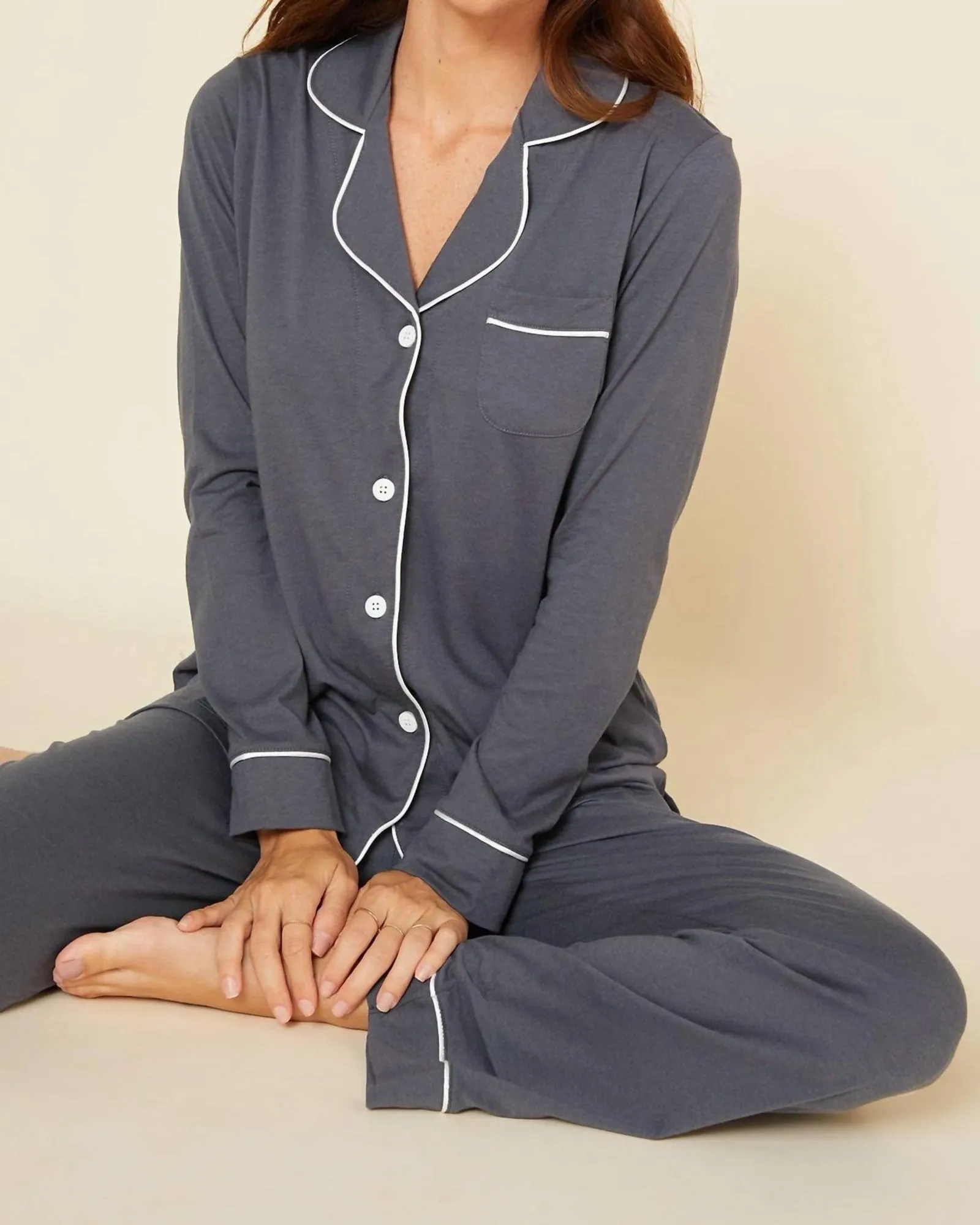 Bella Cotton Modal Long Pajama Set In Anthracite/Ivory | Anthracite/Ivory