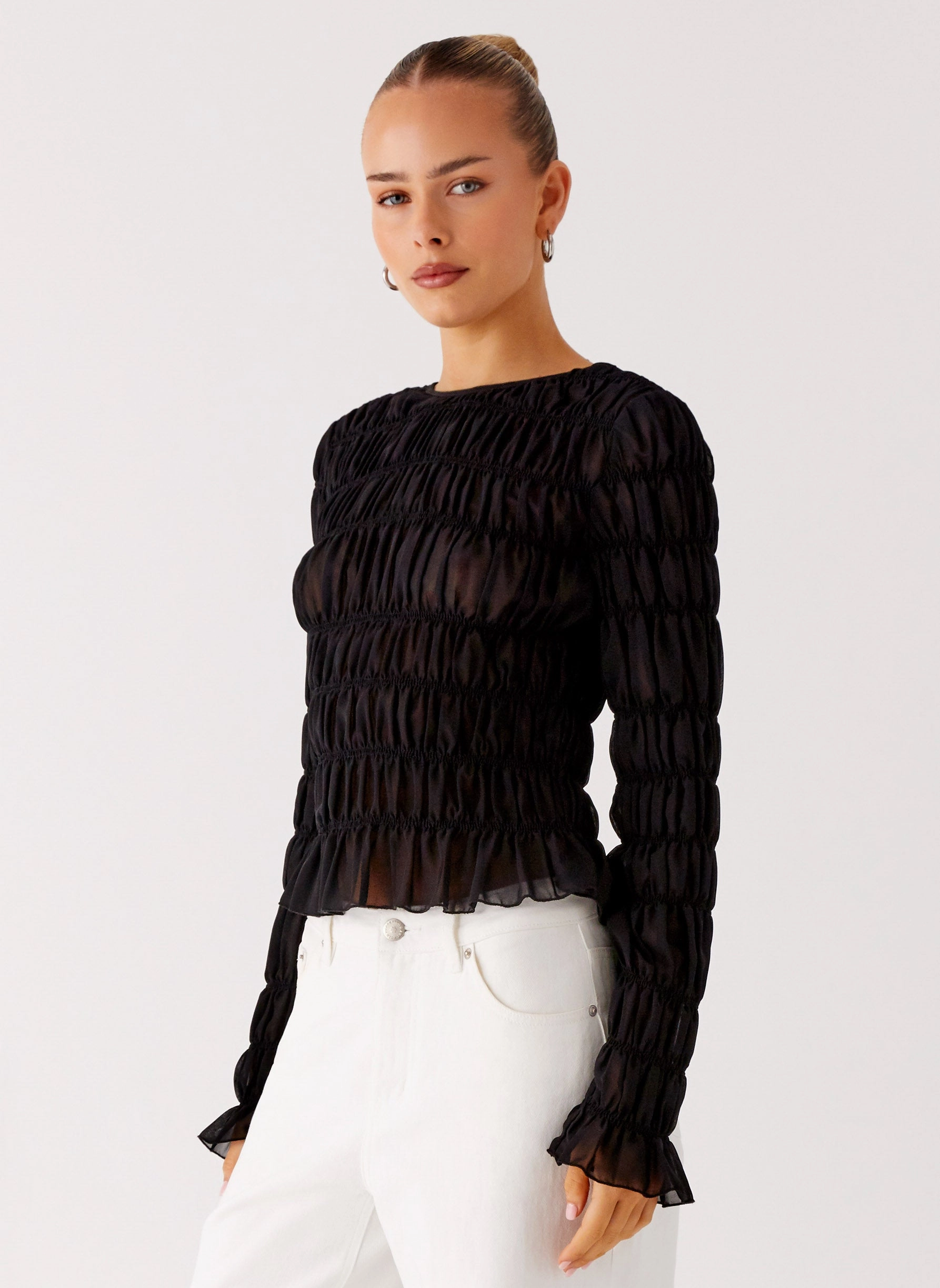 Laser Cut Edges Bella Long Sleeve Top - Black
