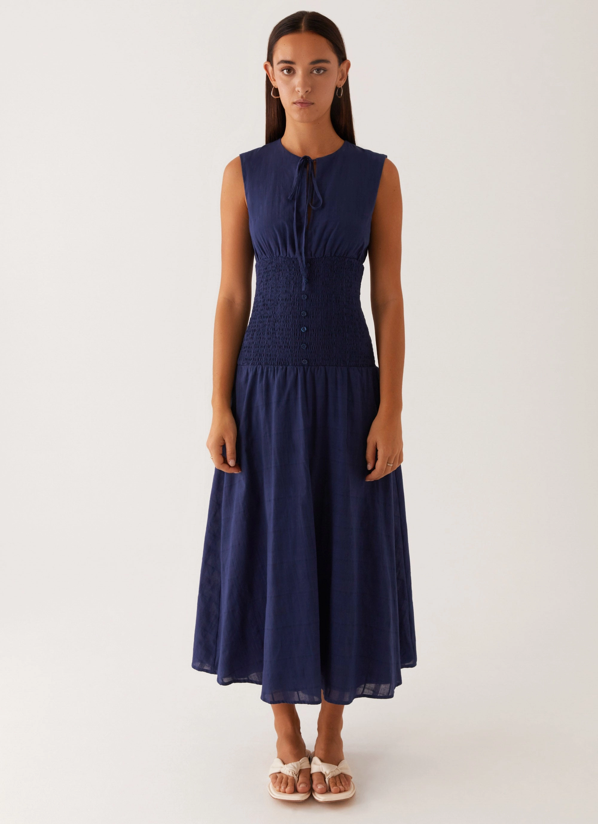 Soft Touch Subtle Look Belle Shirred Waist Midi Dress - Navy
