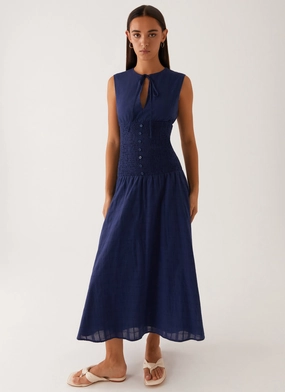 Luxurious Texture Autumn Look Belle Shirred Waist Midi Dress - Navy