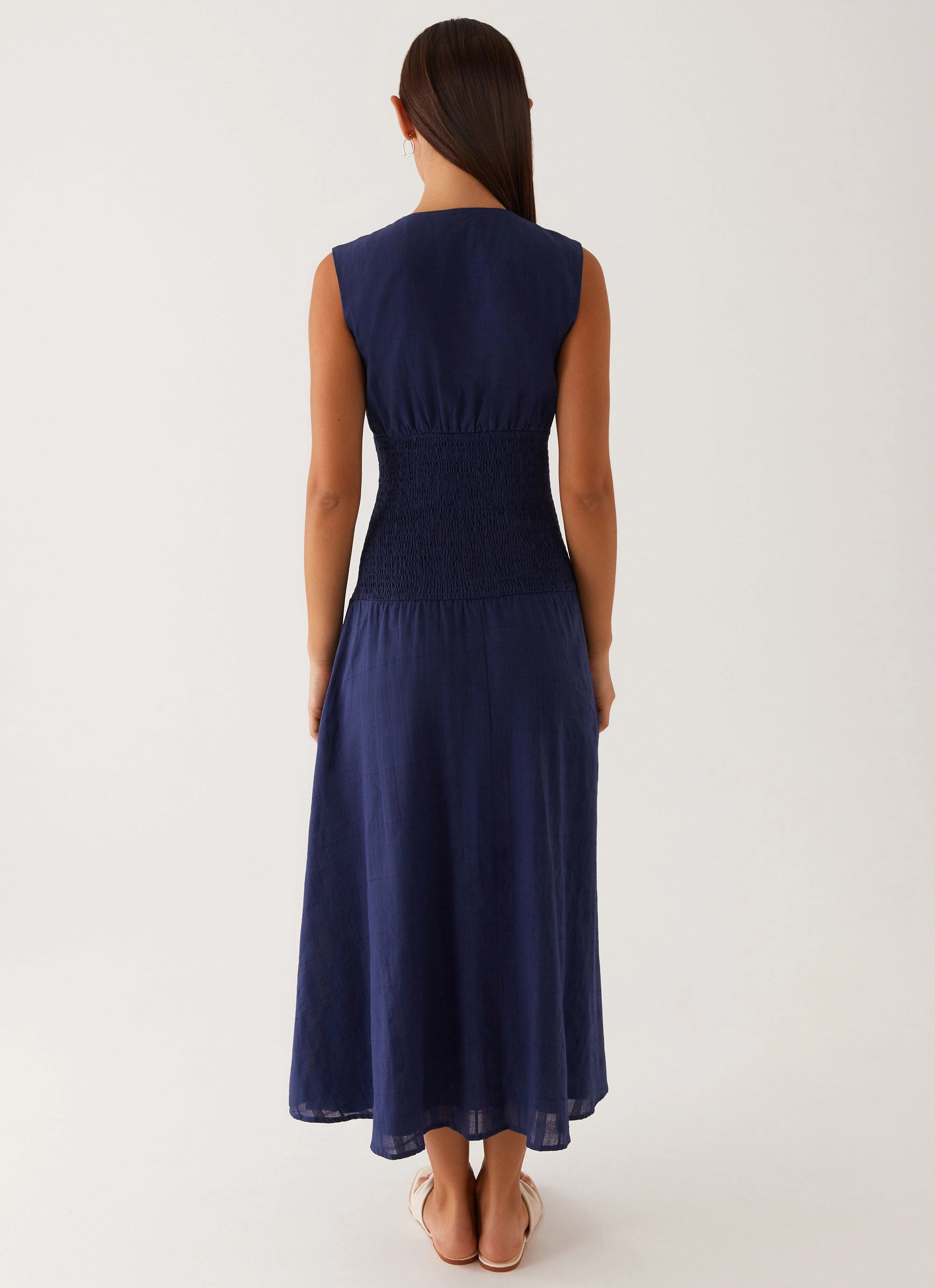 Belle Shirred Waist Midi Dress - Navy Grab Quick