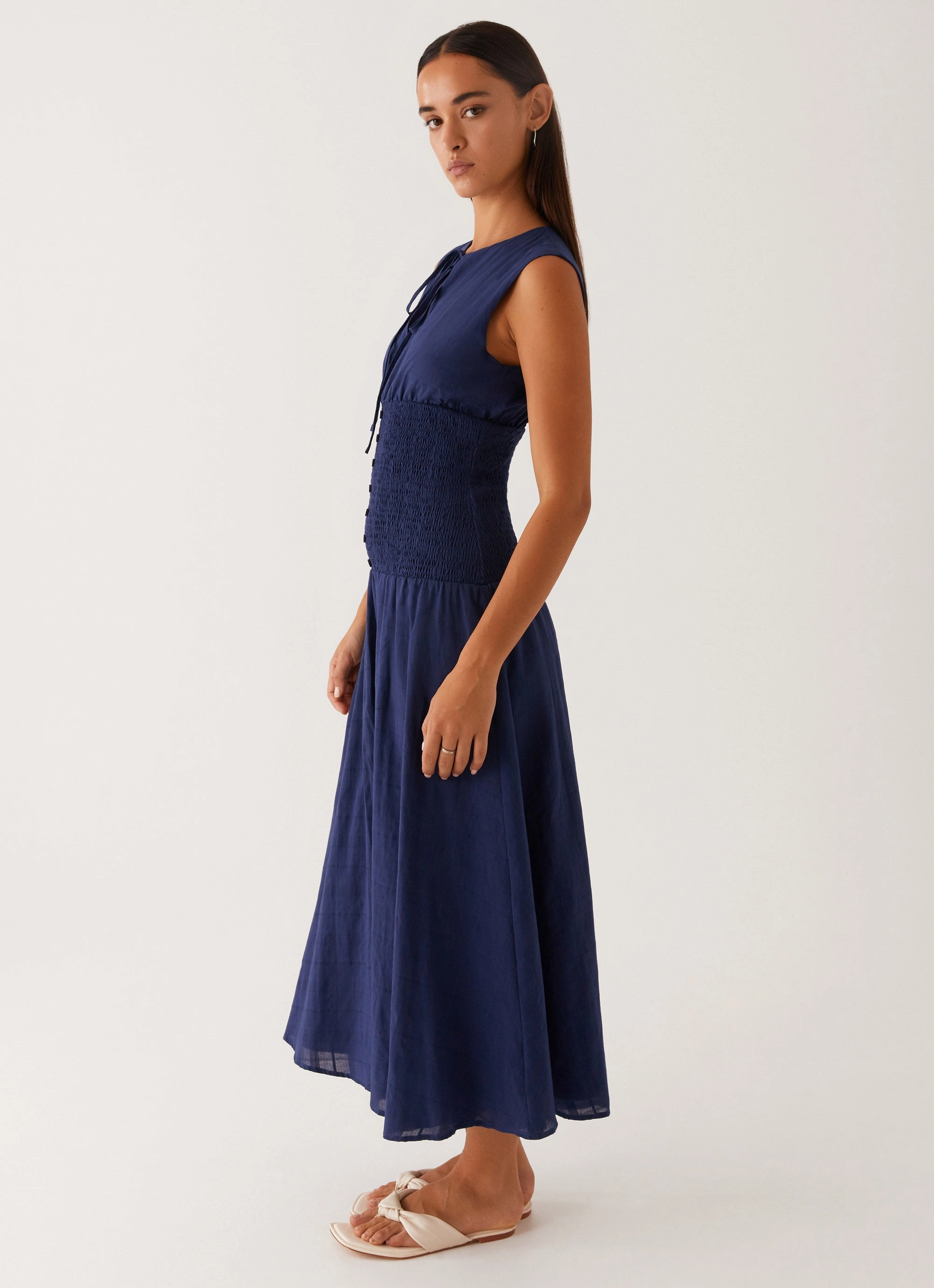 Cloud Light Layered Look Belle Shirred Waist Midi Dress - Navy