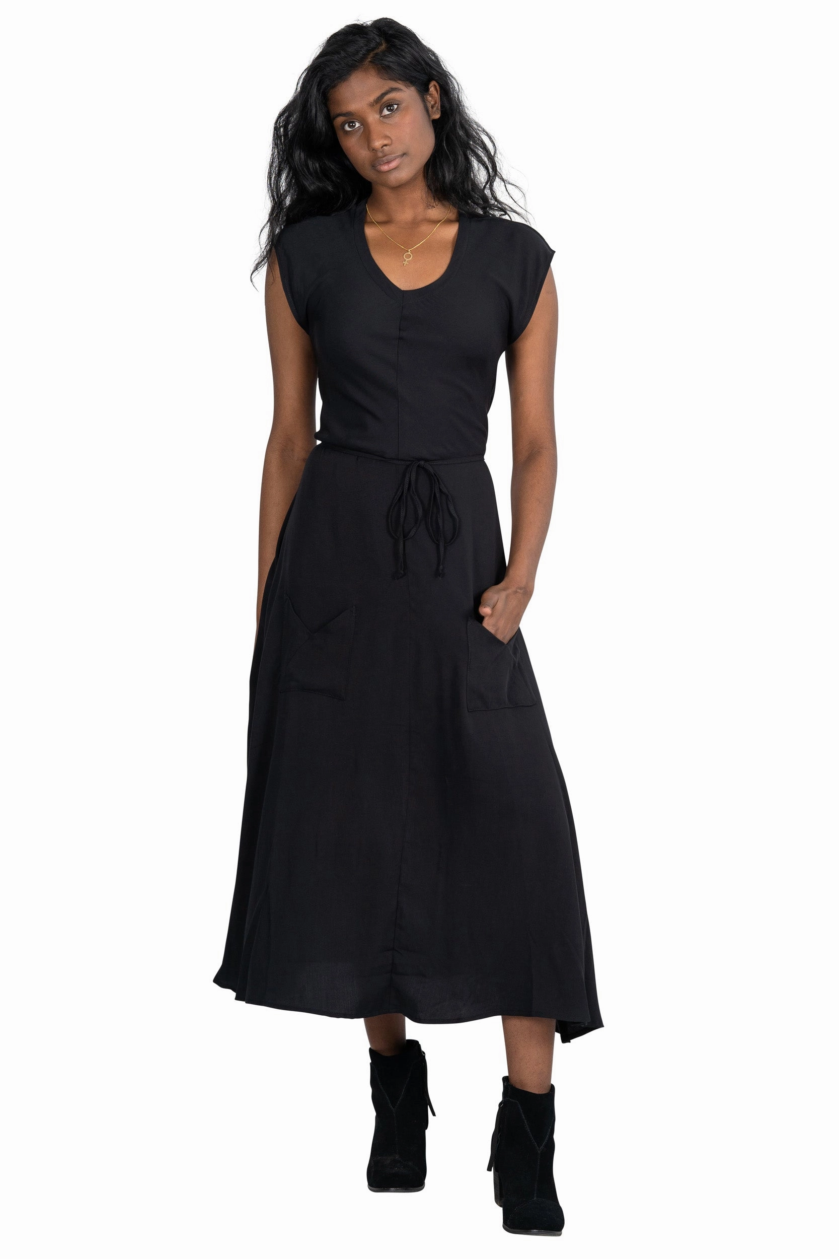 Romantic Soft Belted Bias Dress in Black