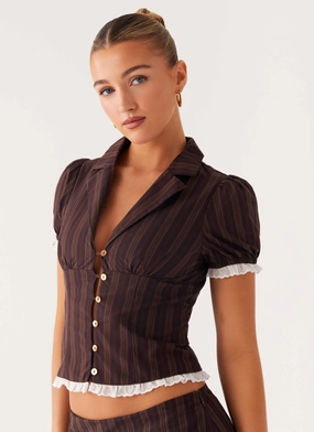 Grid Texture Fabric Bennett Button Up Top - Toffee Stripe