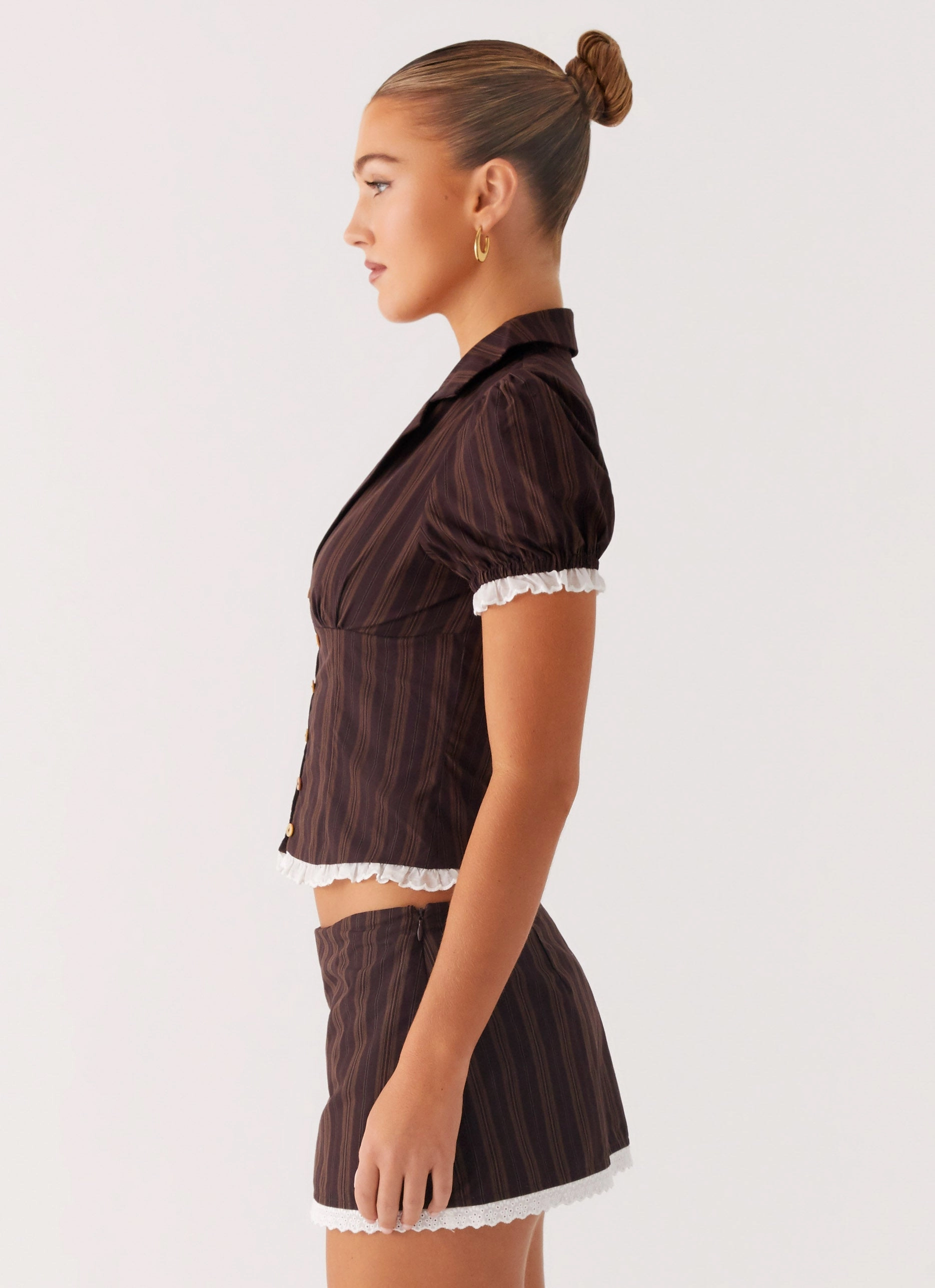 Bennett Button Up Top - Toffee Stripe Flatlock Stitching Technique