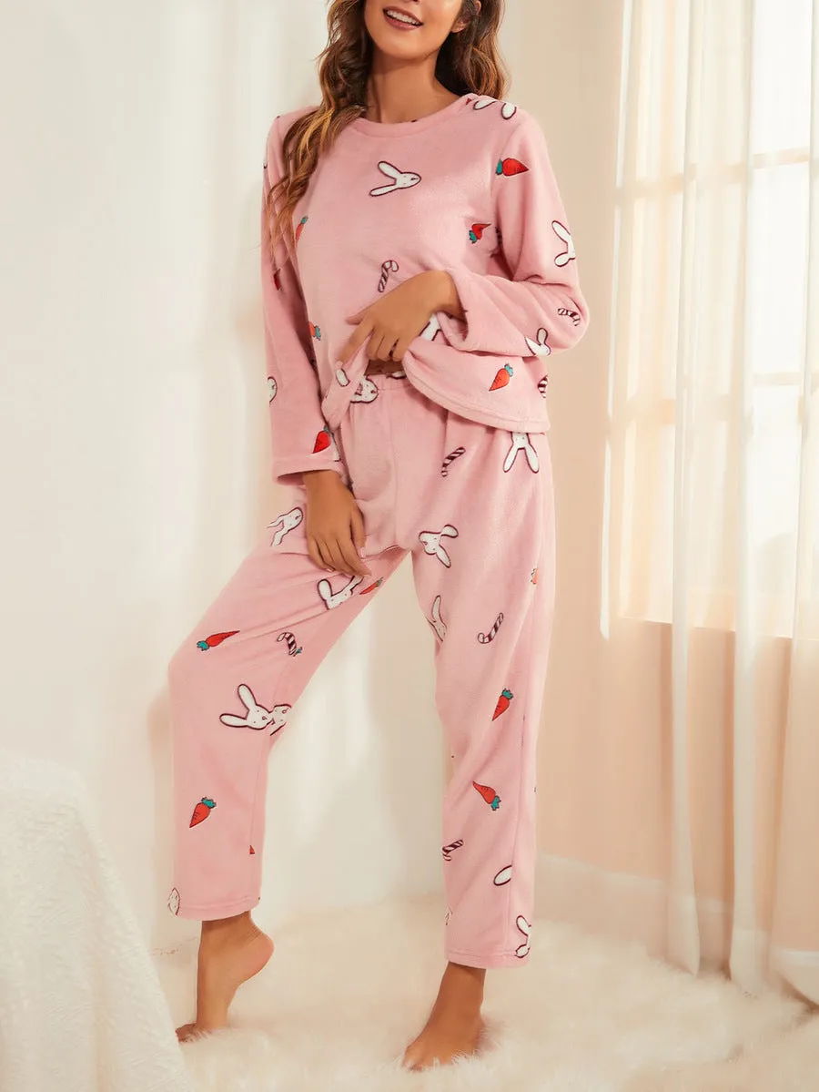 BerriesJam - Cartoon Printed Flannel Home Pajamas Set