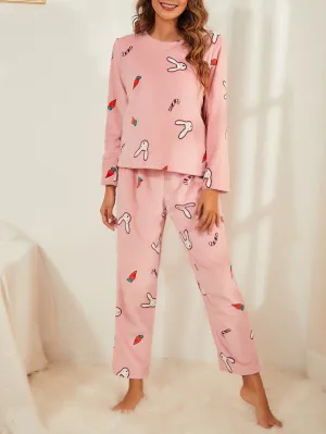 BerriesJam - Cartoon Printed Flannel Home Pajamas Set