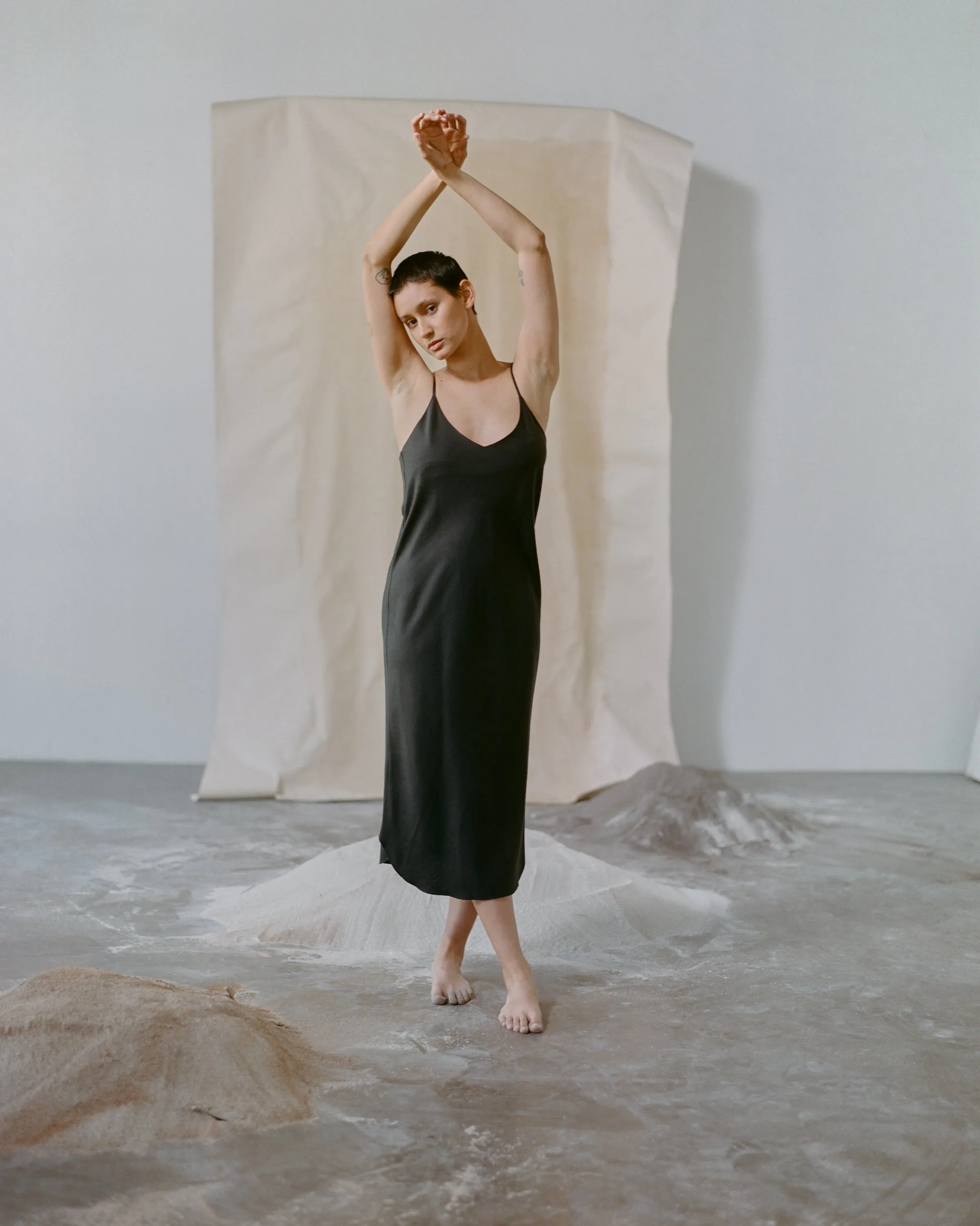 Bias Slip Dress, Regen Silk Noil, Black