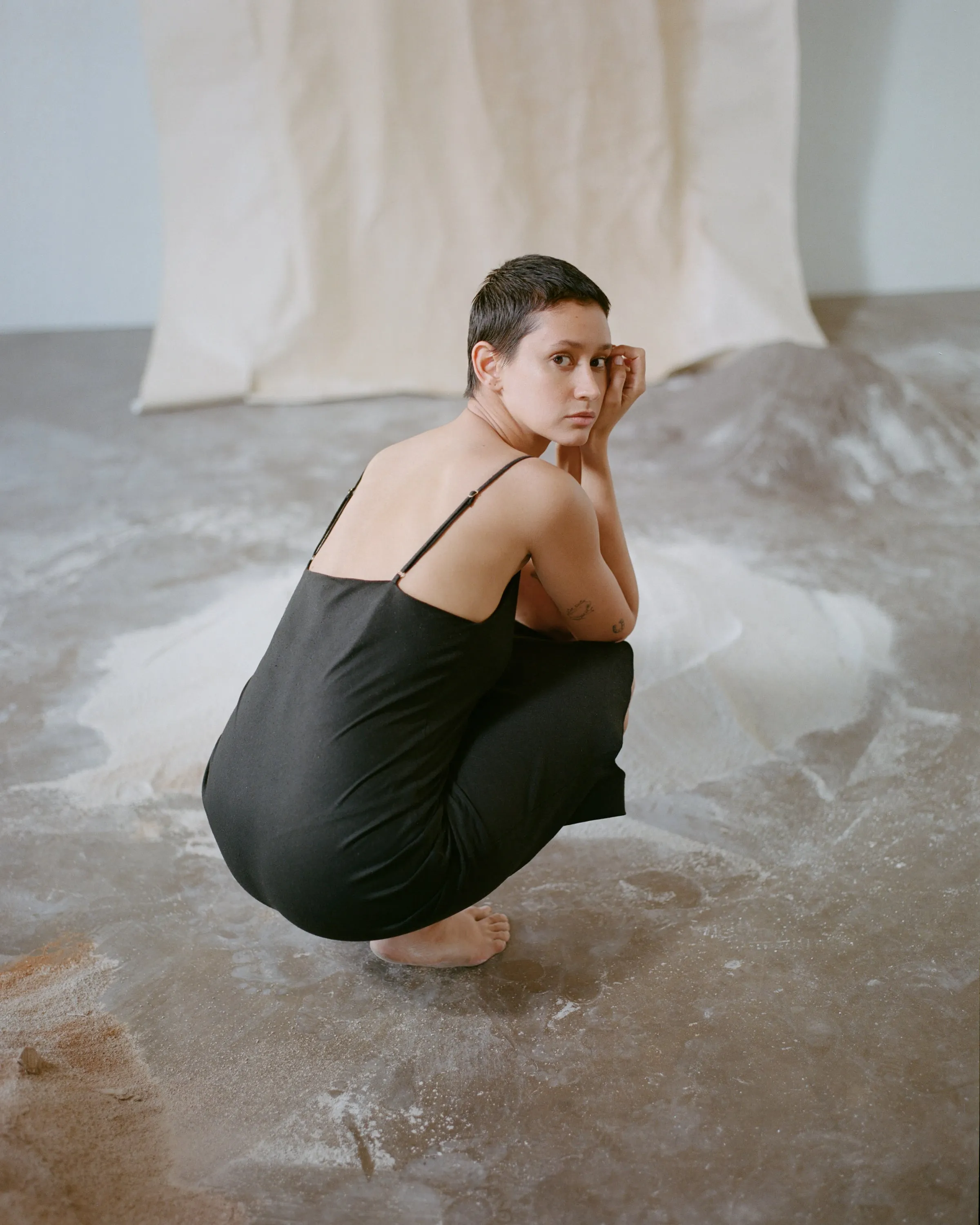 Bias Slip Dress, Regen Silk Noil, Black