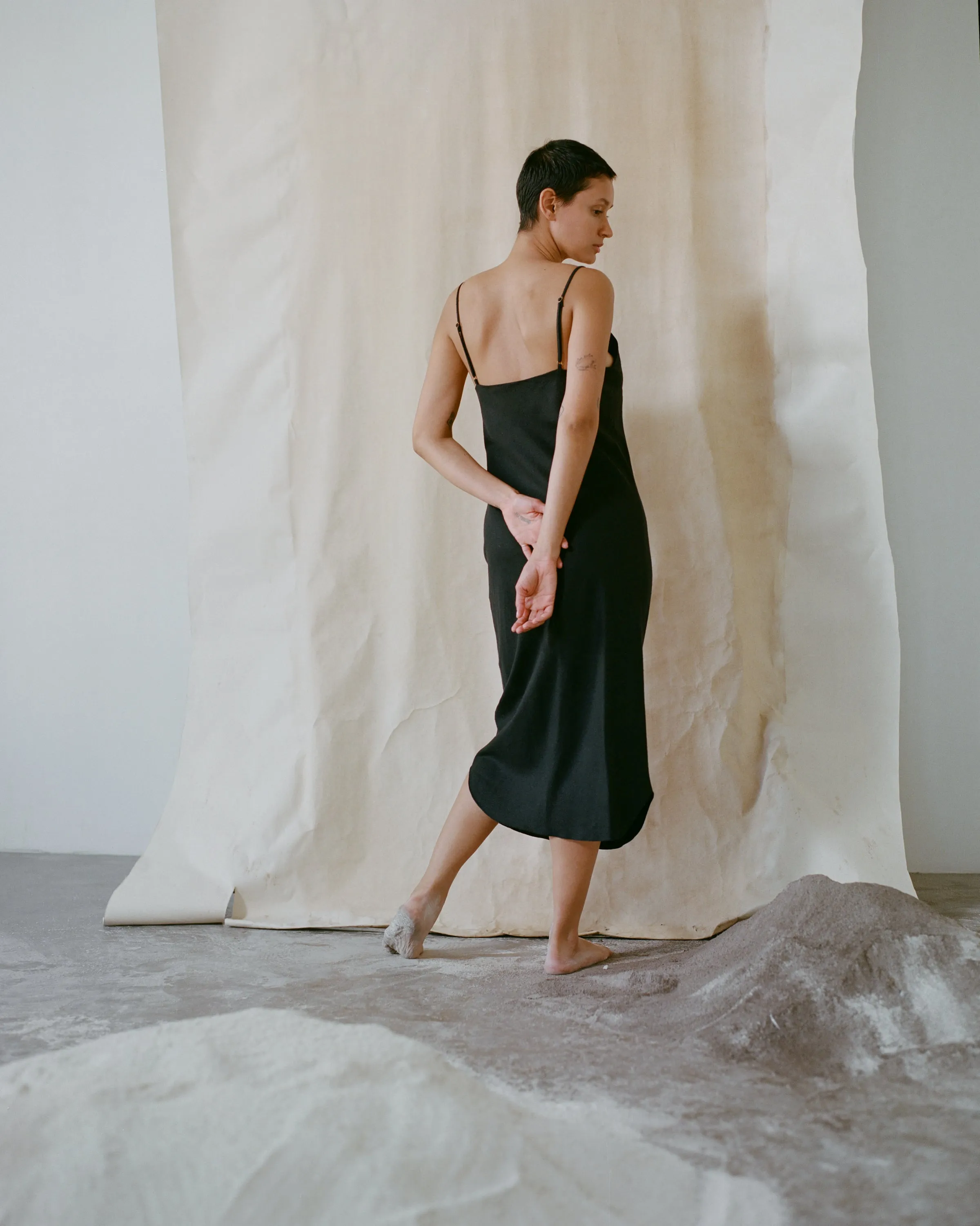 Bias Slip Dress, Regen Silk Noil, Black
