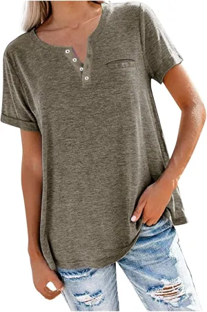 Binmer Women's Causual V Neck Short Sleeve Shirts Henley Tops 2024 Summer Loose Fit Solid Button Down Collar Tunic Blouse