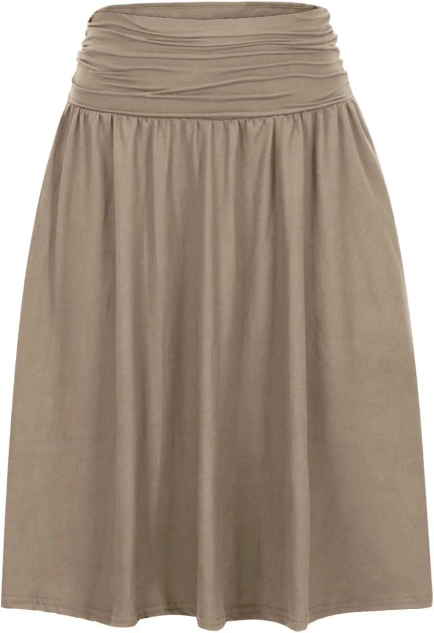 Binmer Women's High Waist Midi Skirt Vintage Elastic A-Line Pleated Below The Knee Length Ruched Flowy Skirts with Pockets
