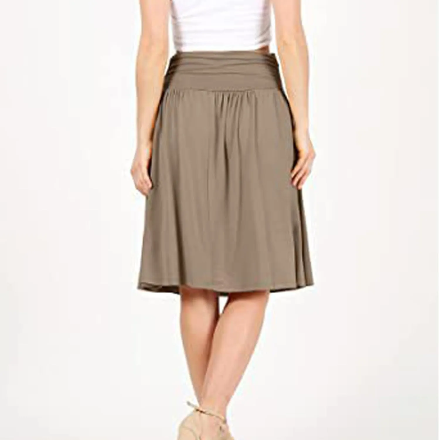Binmer Women's High Waist Midi Skirt Vintage Elastic A-Line Pleated Below The Knee Length Ruched Flowy Skirts with Pockets