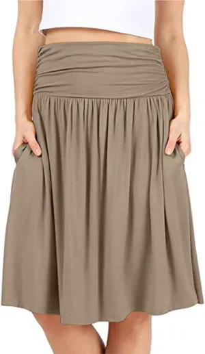 Binmer Women's High Waist Midi Skirt Vintage Elastic A-Line Pleated Below The Knee Length Ruched Flowy Skirts with Pockets