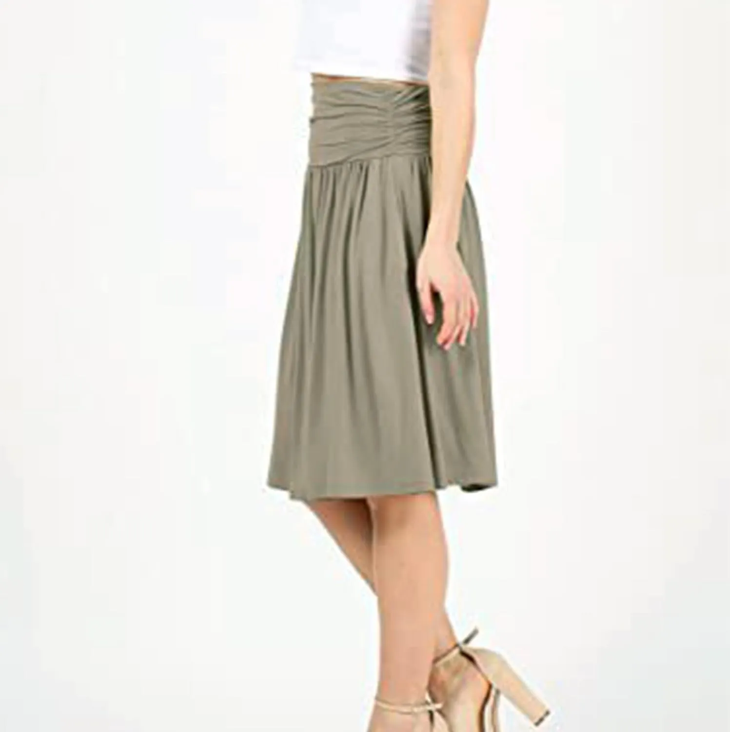Binmer Women's High Waist Midi Skirt Vintage Elastic A-Line Pleated Below The Knee Length Ruched Flowy Skirts with Pockets