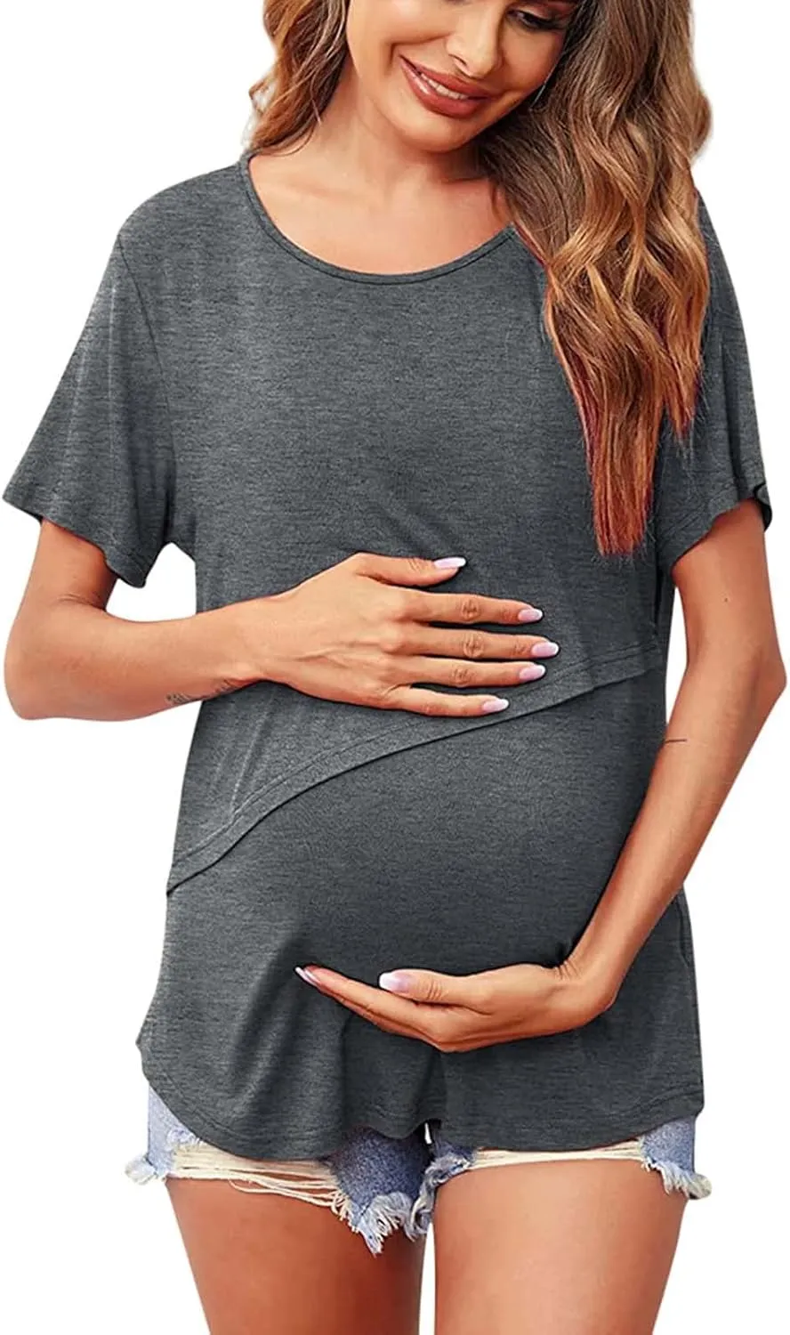 Binmer Women's Maternity Nursing Tops Casual Short Sleeve Breastfeeding Shirts 2 Pack Double Layer Summer Pregnancy Clothes