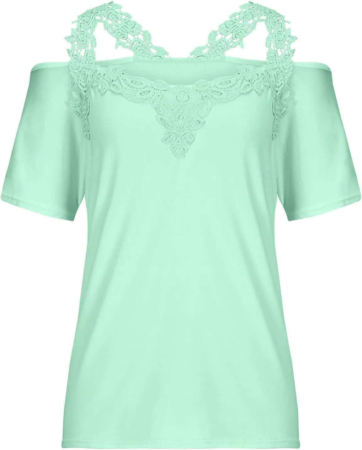 Binmer Women's Summer Short Sleeve Tops Sexy Cold Shoulder Shirts Casual Comfy Lace Splicing V Neck Tees Loose Solid Blouse