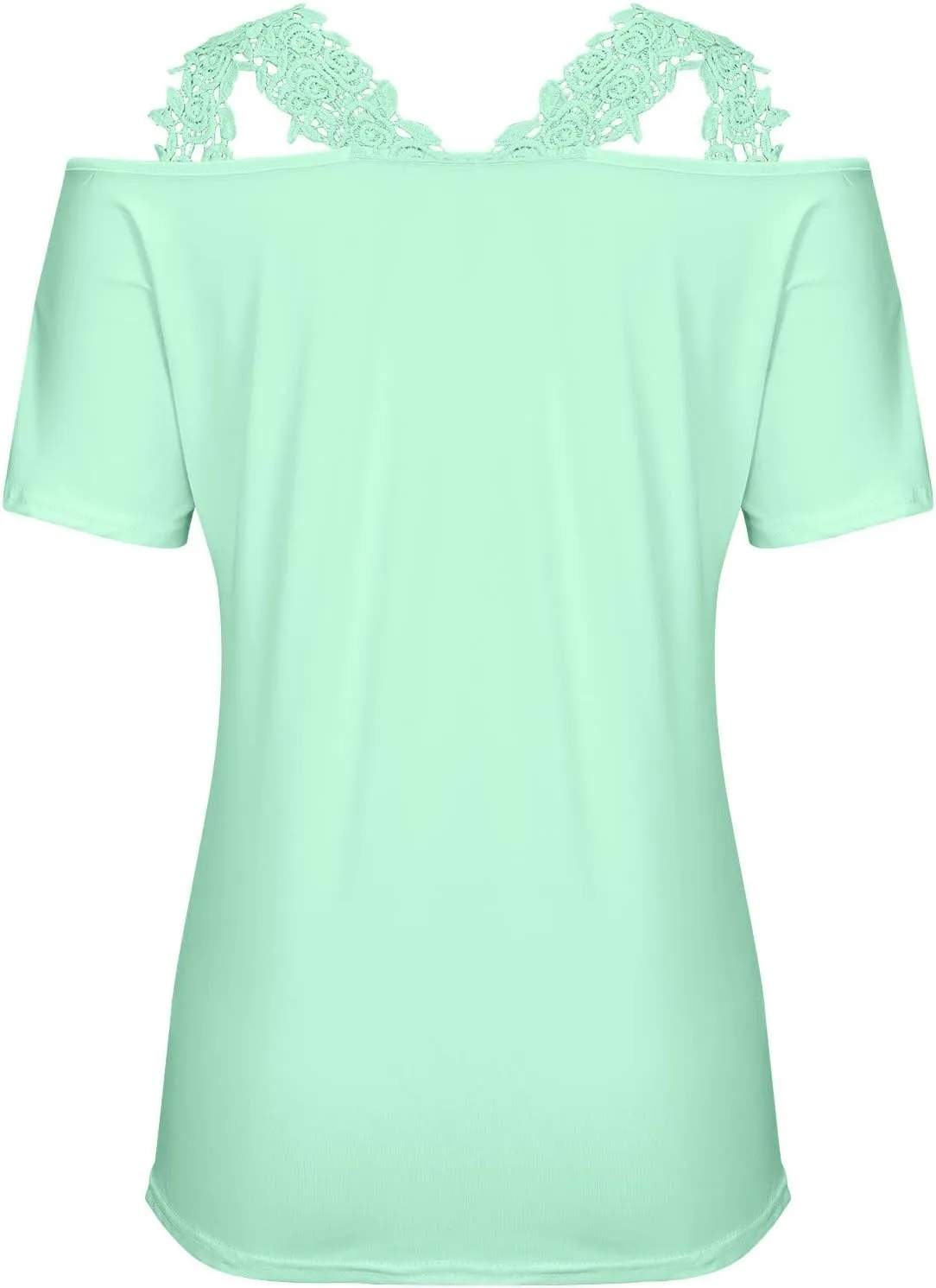 Binmer Women's Summer Short Sleeve Tops Sexy Cold Shoulder Shirts Casual Comfy Lace Splicing V Neck Tees Loose Solid Blouse