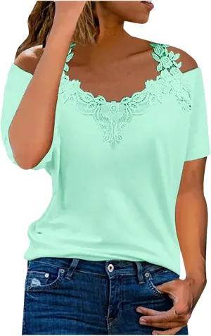 Binmer Women's Summer Short Sleeve Tops Sexy Cold Shoulder Shirts Casual Comfy Lace Splicing V Neck Tees Loose Solid Blouse