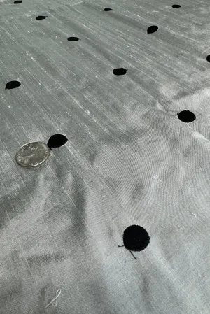 Black Dots on Silver Shantung Embroidered Dupioni Silk