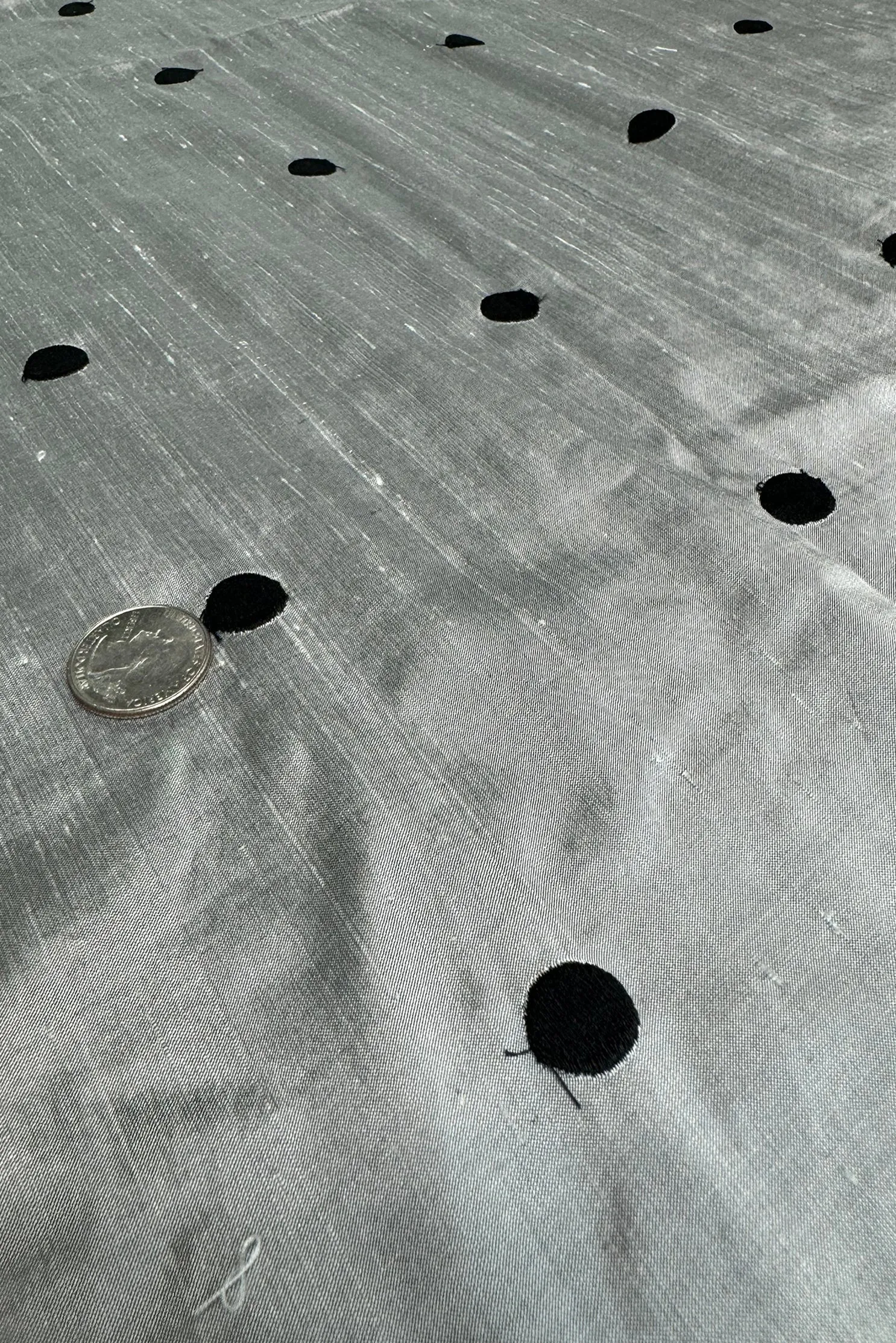 Black Dots on Silver Shantung Embroidered Dupioni Silk