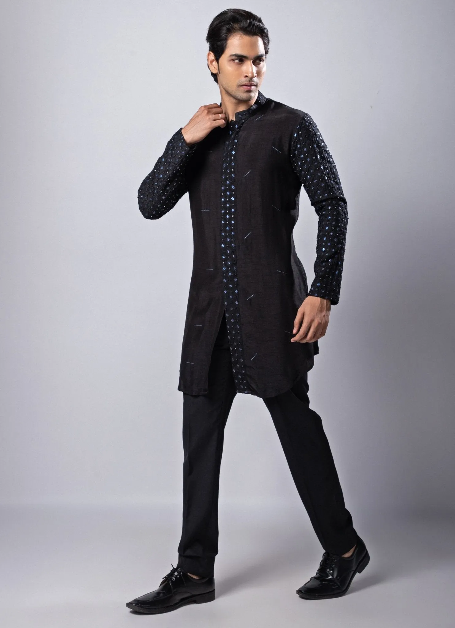 Black Embroidered Silk Kurta Pant Set