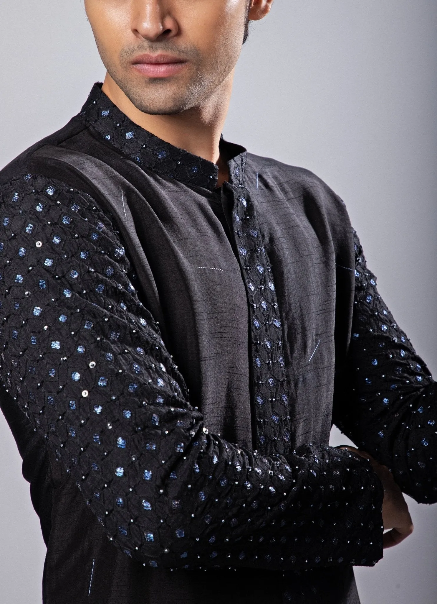 Black Embroidered Silk Kurta Pant Set