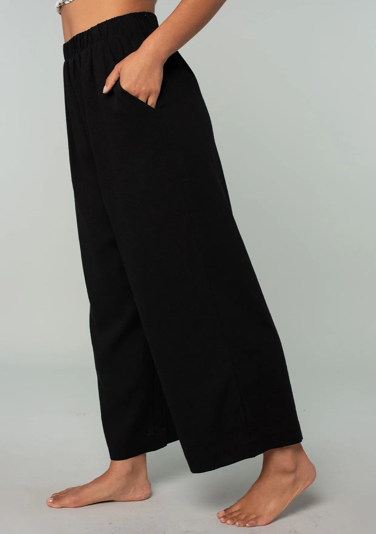 Black Linen Blend Straight Leg Bottoms