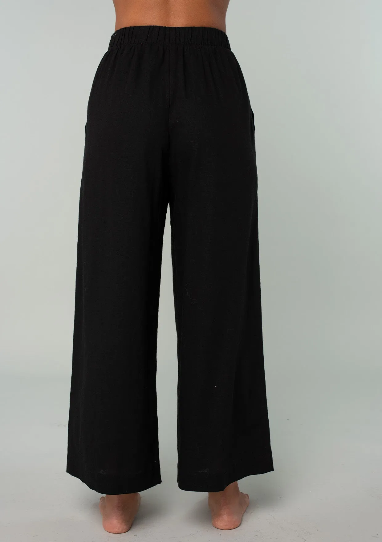 Black Linen Blend Straight Leg Bottoms