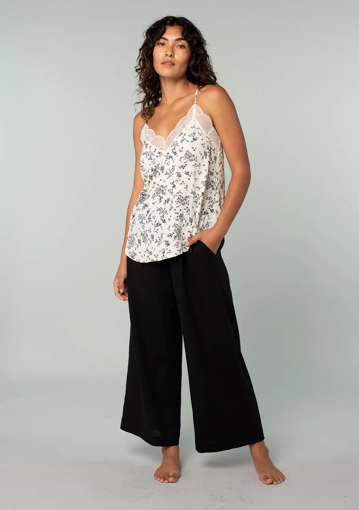 Black Linen Blend Straight Leg Bottoms