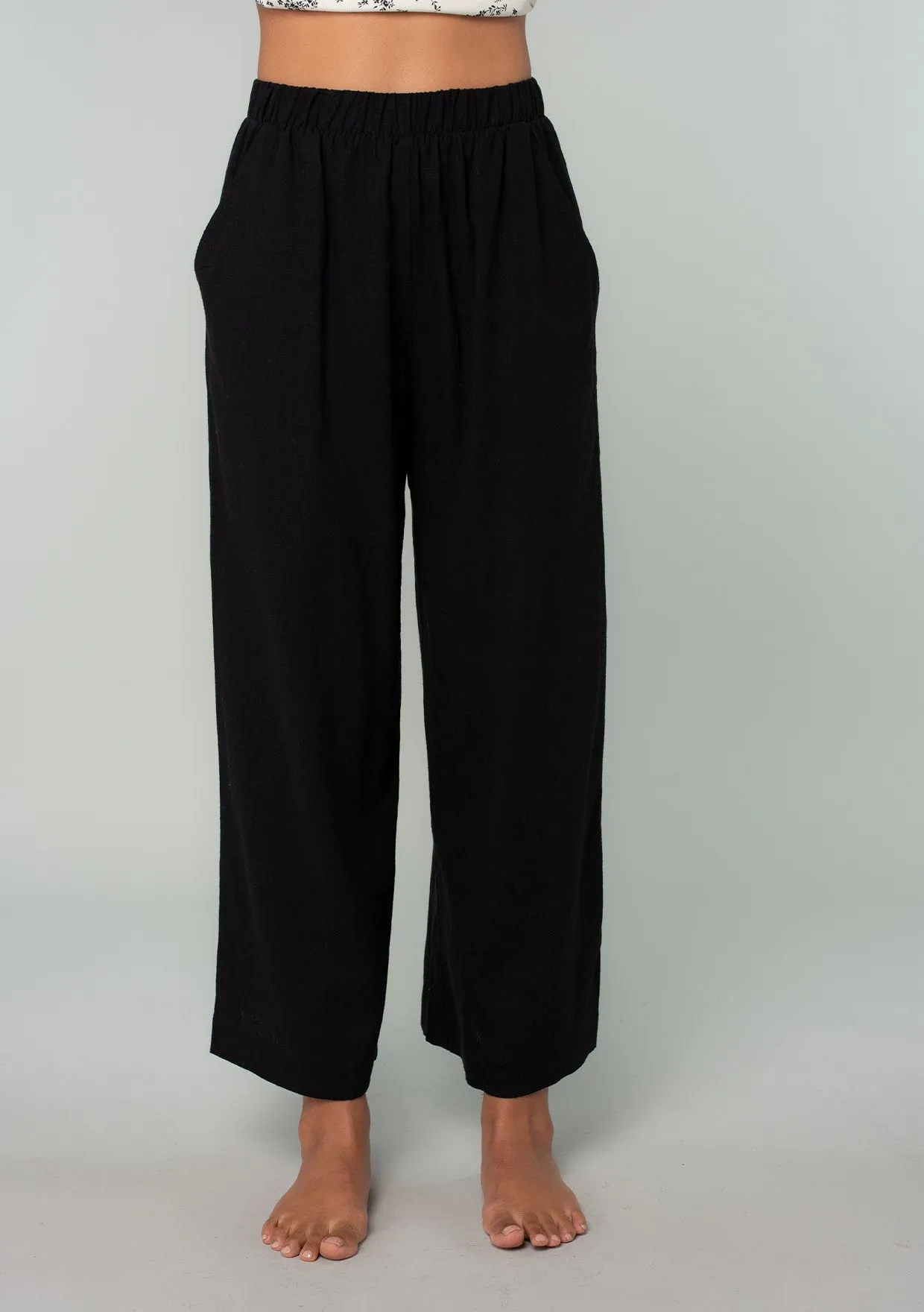 Black Linen Blend Straight Leg Bottoms