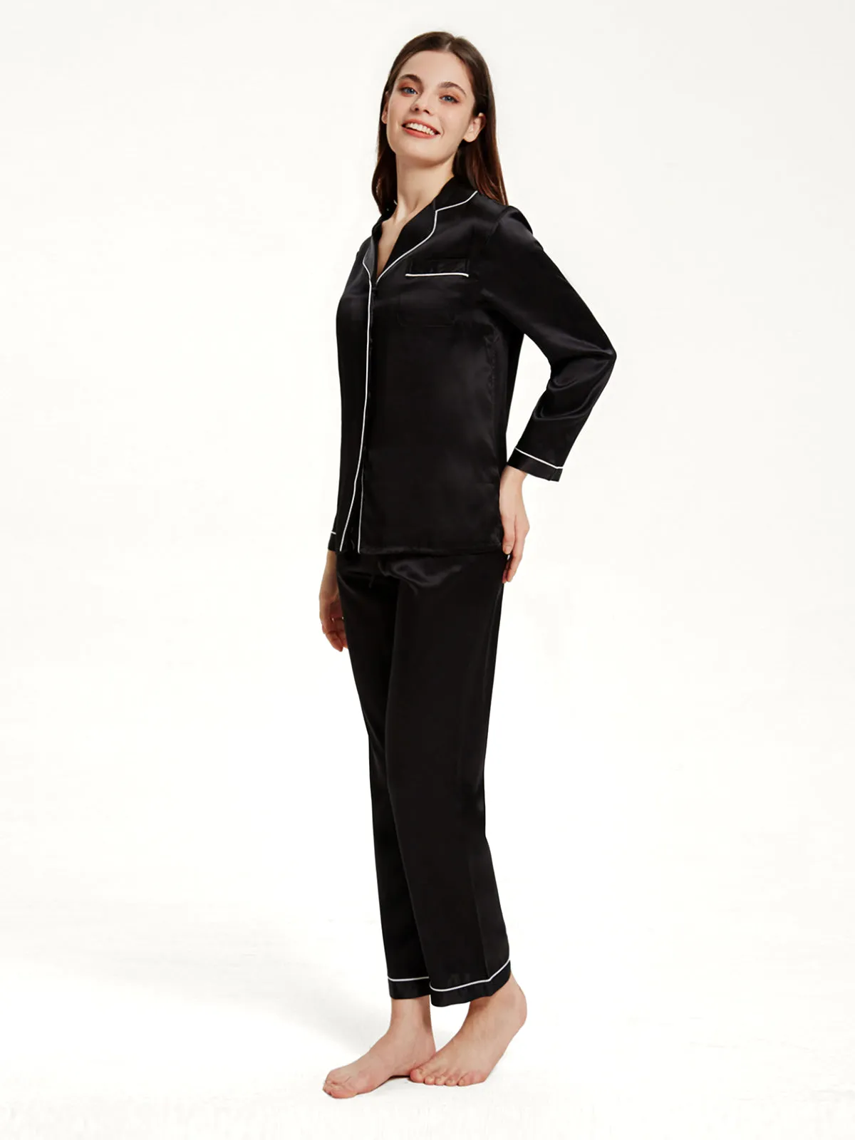 Black Silk Pajamas Set for Women