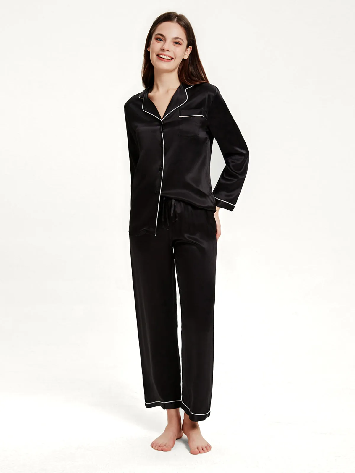 Black Silk Pajamas Set for Women