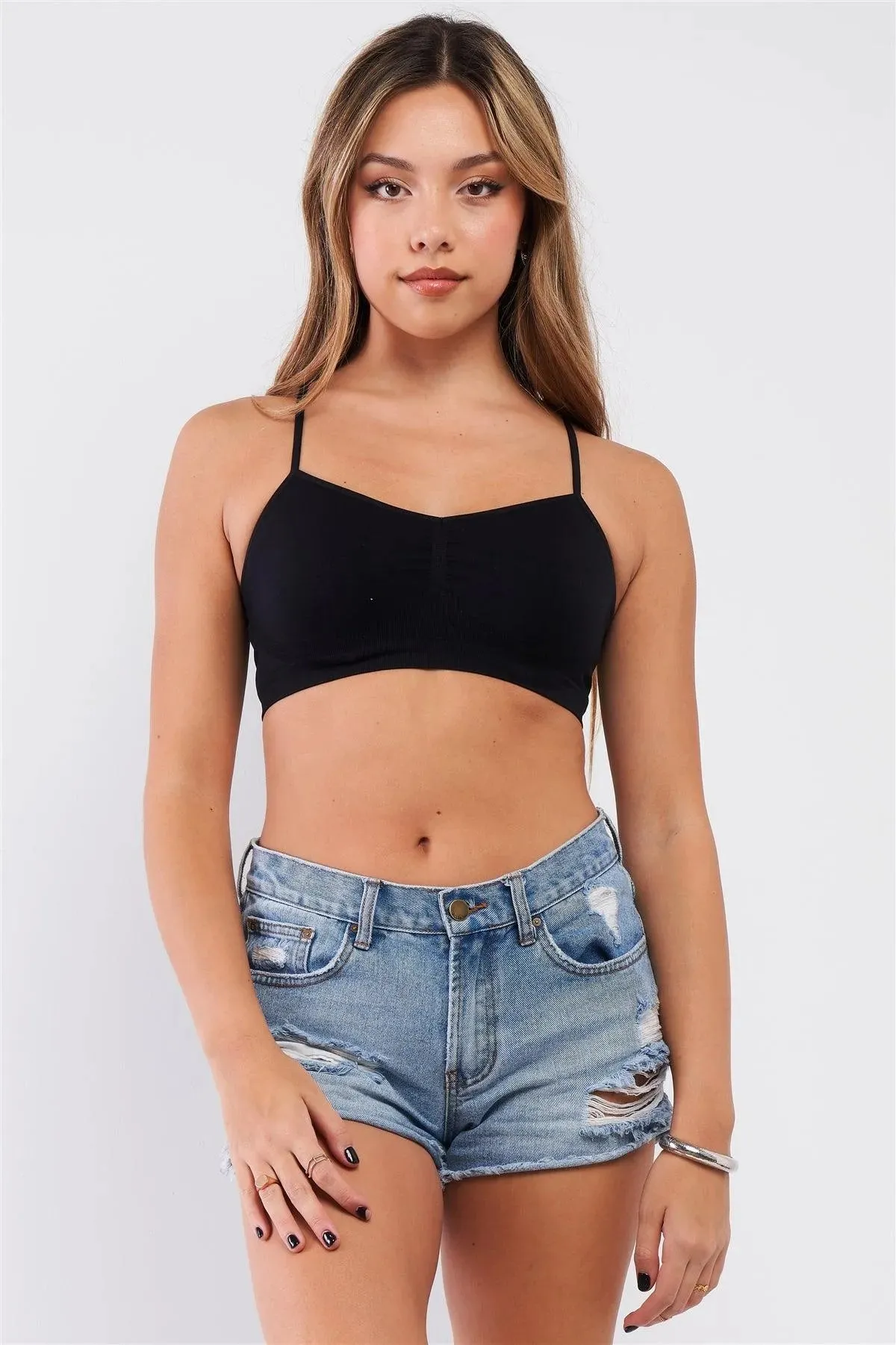 Black Solid Sleeveless Stretchy Sports Bra /3-2