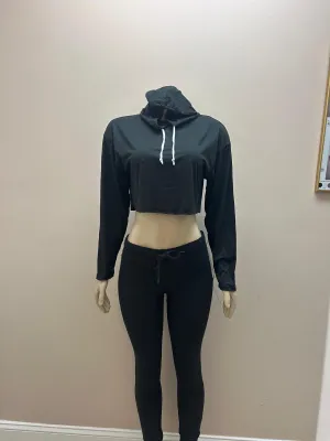 Black Tracksuit Women Crop Hoodie and Pants Set Active Casual Daily Activewear