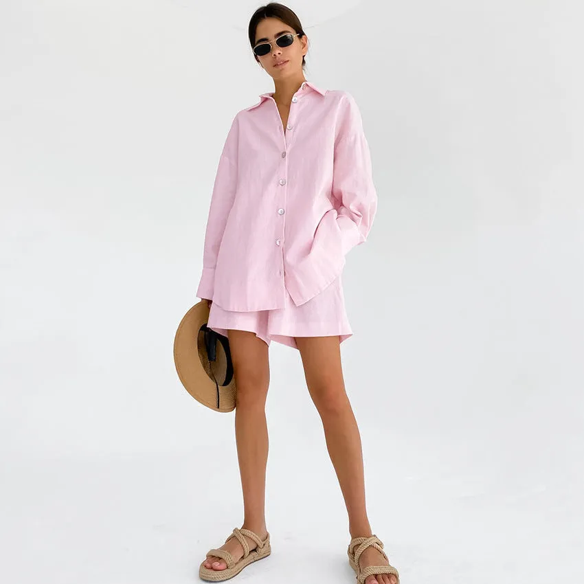 'Blanca' Linen Shirt & Shorts Loungewear Set #172443