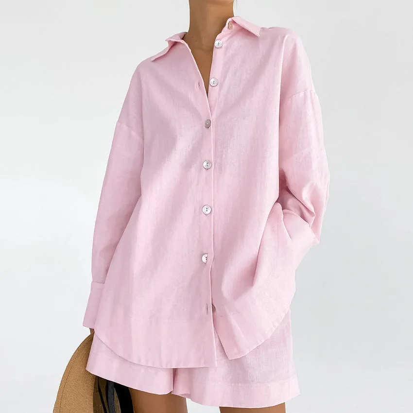 'Blanca' Linen Shirt & Shorts Loungewear Set #172443
