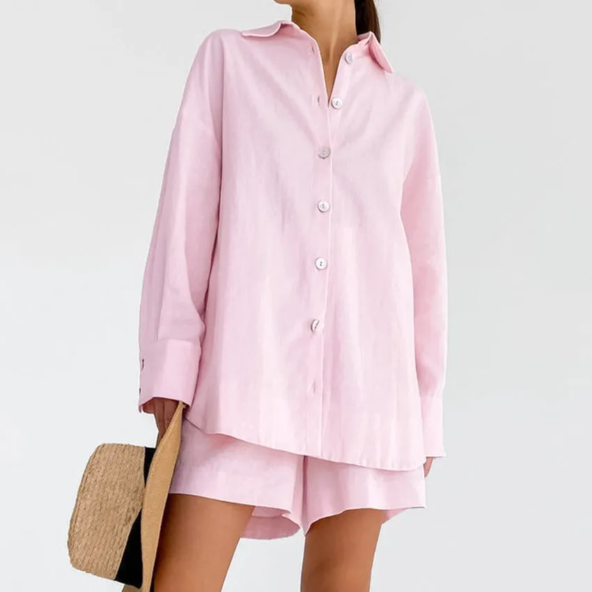 'Blanca' Linen Shirt & Shorts Loungewear Set #172443
