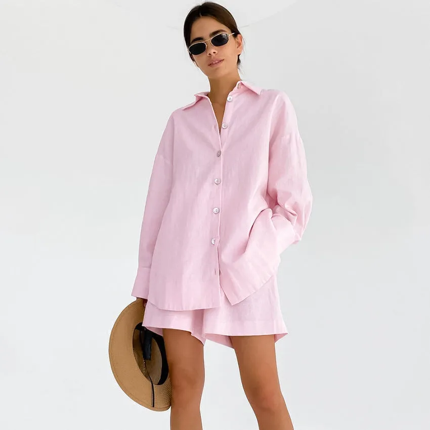 'Blanca' Linen Shirt & Shorts Loungewear Set #172443