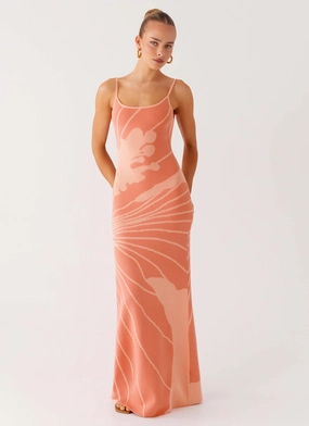 Vibrant pattern Formal dinner wear Bliss View Knit Maxi Dress - Peach