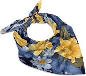 Blue Base Yellow Floral 25 Inches Satin Head Scarf Lightweight Silk Hair Scarves Soft Silk Head Scarf for Women Large Satin Bandanas Square Headscarf Fashion Headband Neckerchief Neck Scarves Gift