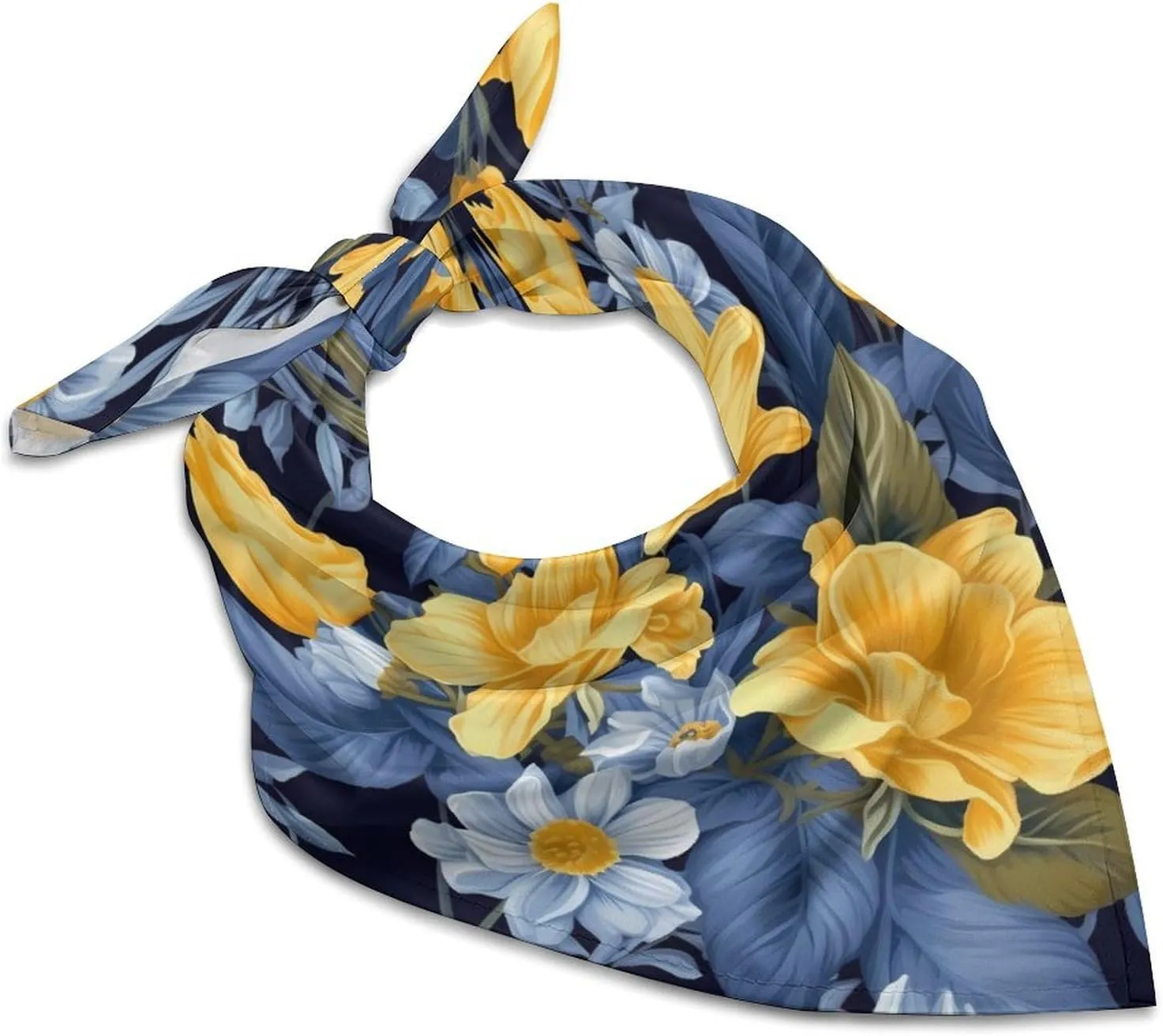 Blue Base Yellow Floral 25 Inches Satin Head Scarf Lightweight Silk Hair Scarves Soft Silk Head Scarf for Women Large Satin Bandanas Square Headscarf Fashion Headband Neckerchief Neck Scarves Gift