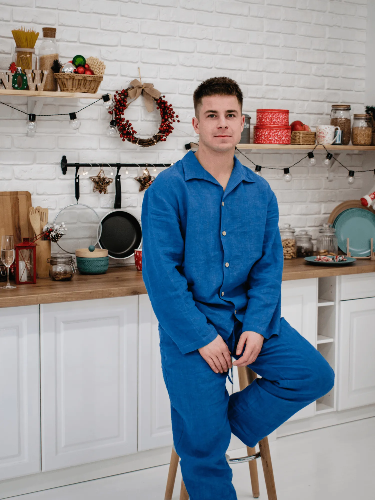 Blue Classic Soft Linen Pyjama Set Unisex