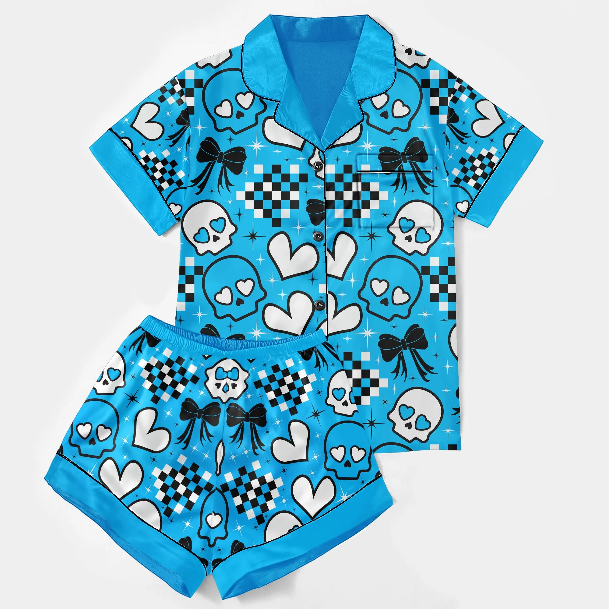 Blue Heart Skull Women's Pajama Sets Top Sleeve & Short Bottom