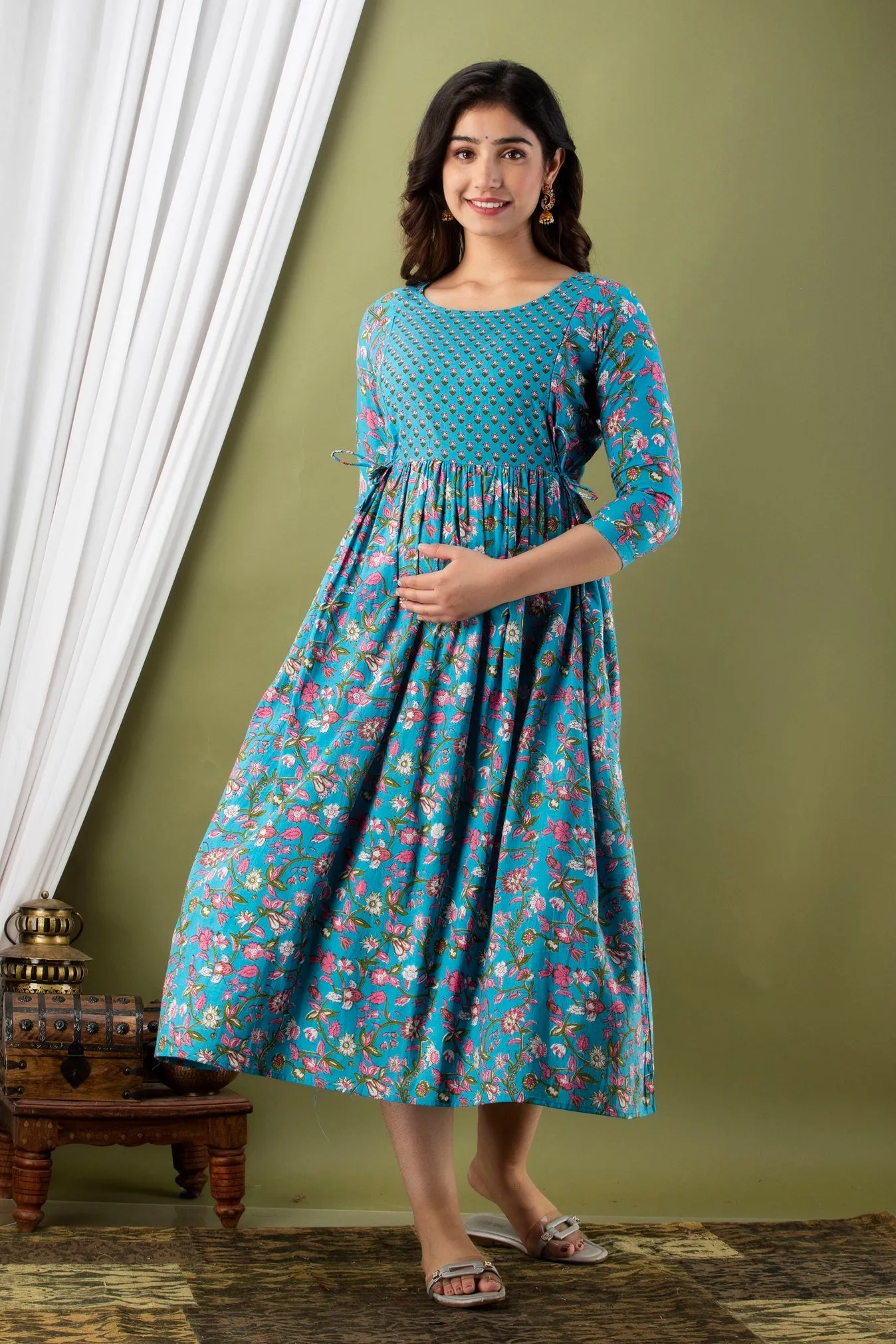 Blue Maternity Baby Feeding Dress